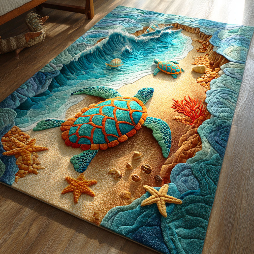 Aqua Dream Turtle area rug in a living room