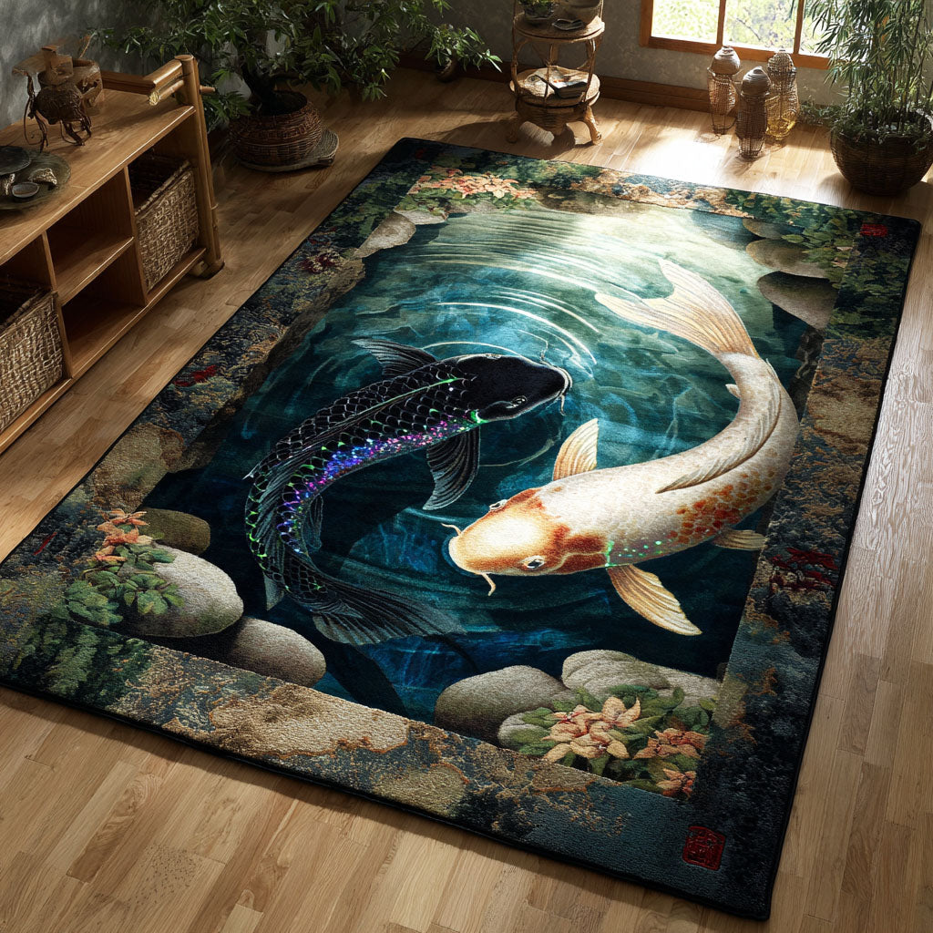 Aqua Koi area rug in a living room