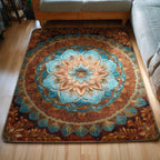 Aqua Mandala area rug in a living room