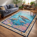 Aqua Reef Turtles area rug in a living room