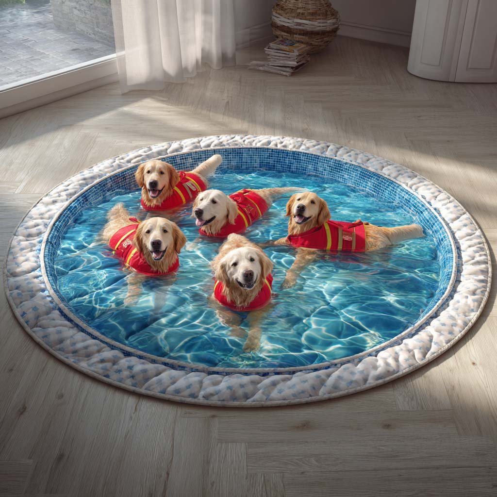 Aquatic Golden Retriever Round Mat Rug - washable non-slip printed rug