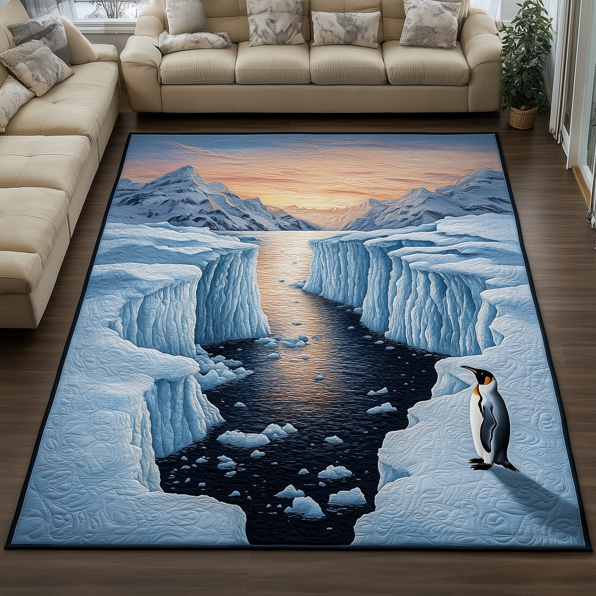 Arctic Abyss area rug in a living room