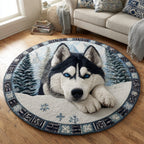 Arctic Husky Slumber Round Mat Rug - washable non-slip printed rug