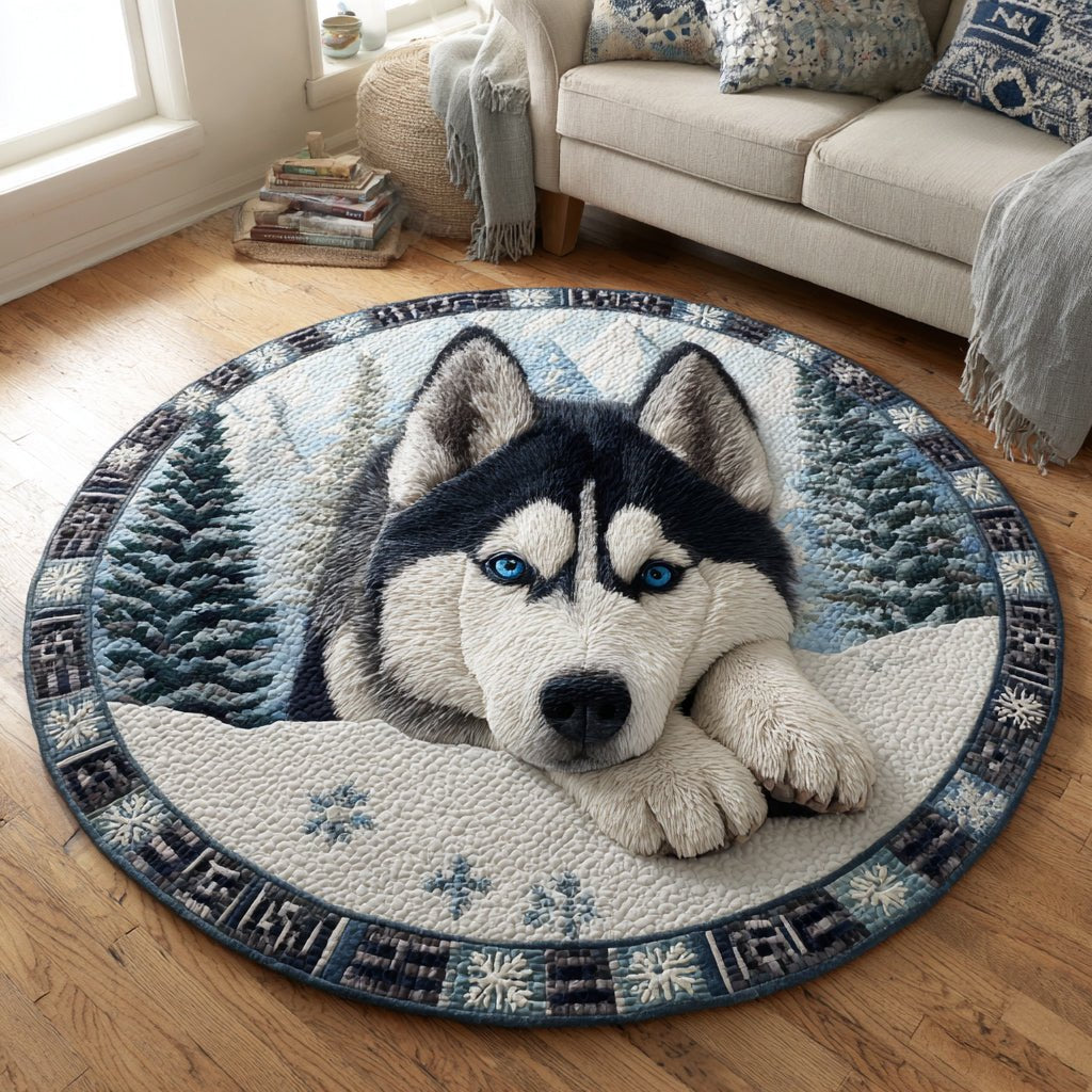 Arctic Husky Slumber Round Mat Rug - washable non-slip printed rug