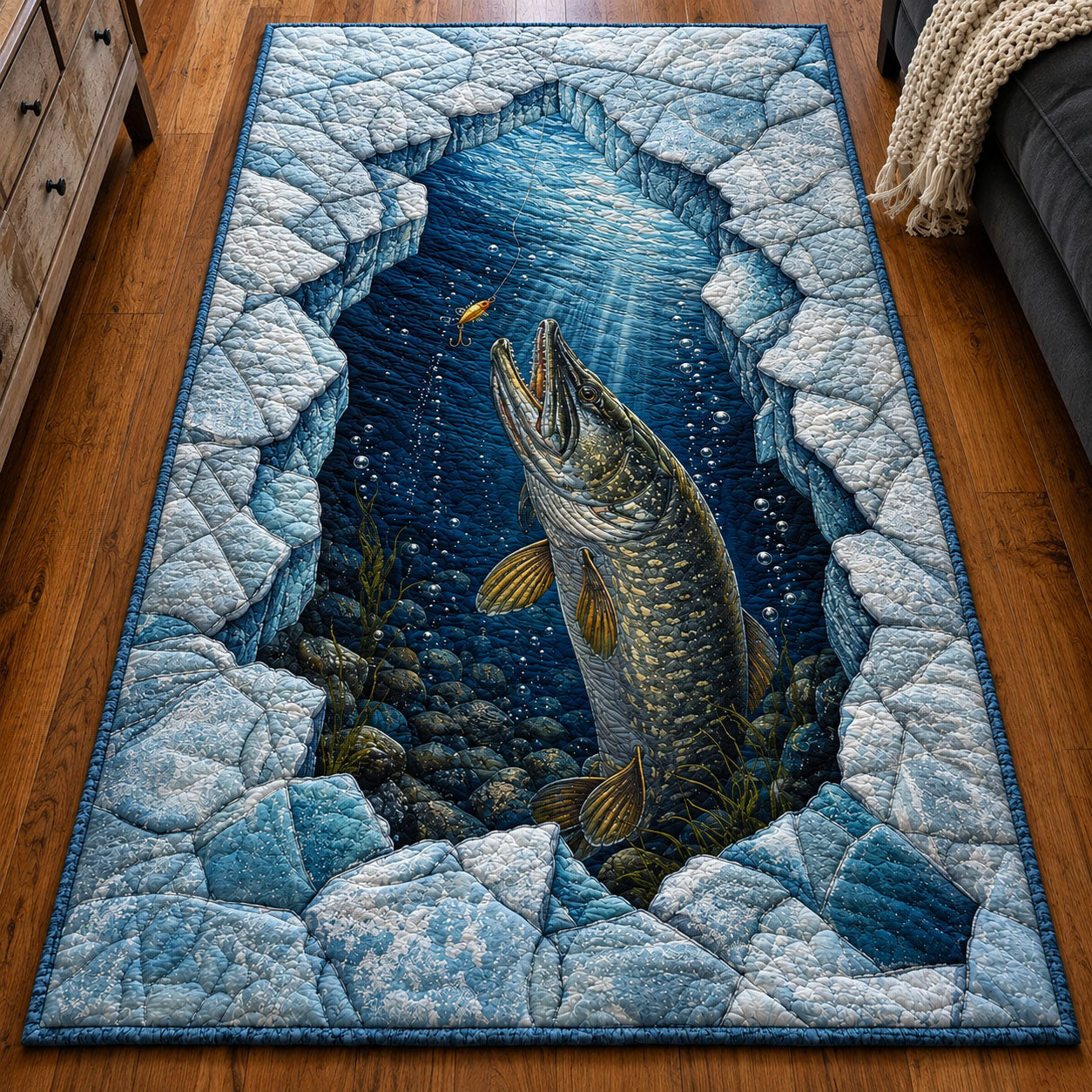 Arctic Ice Pike area rug in a living room