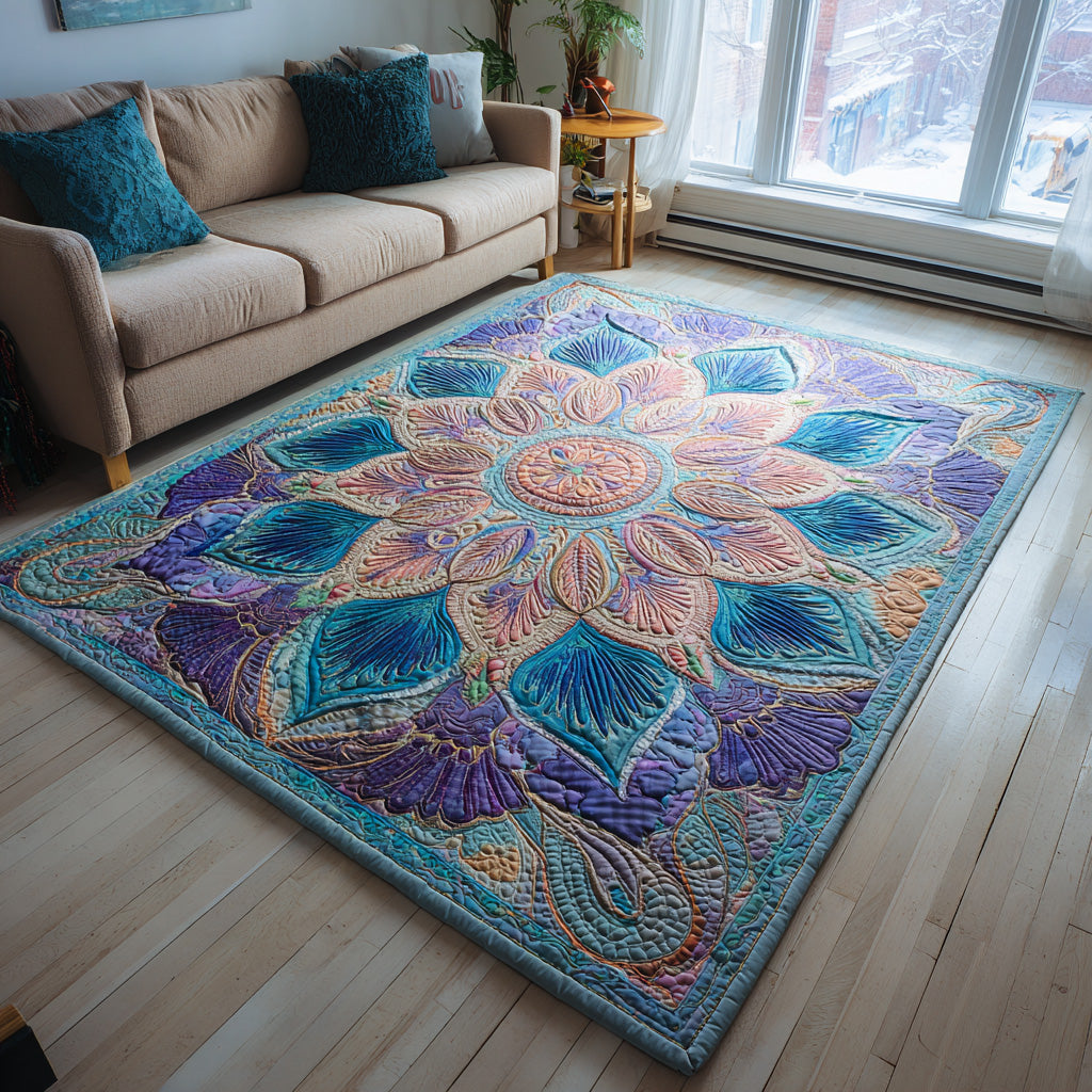 Arctic Mandala area rug in a living room