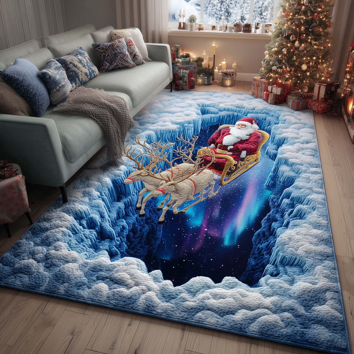Arctic Santa Journey area rug in a living room