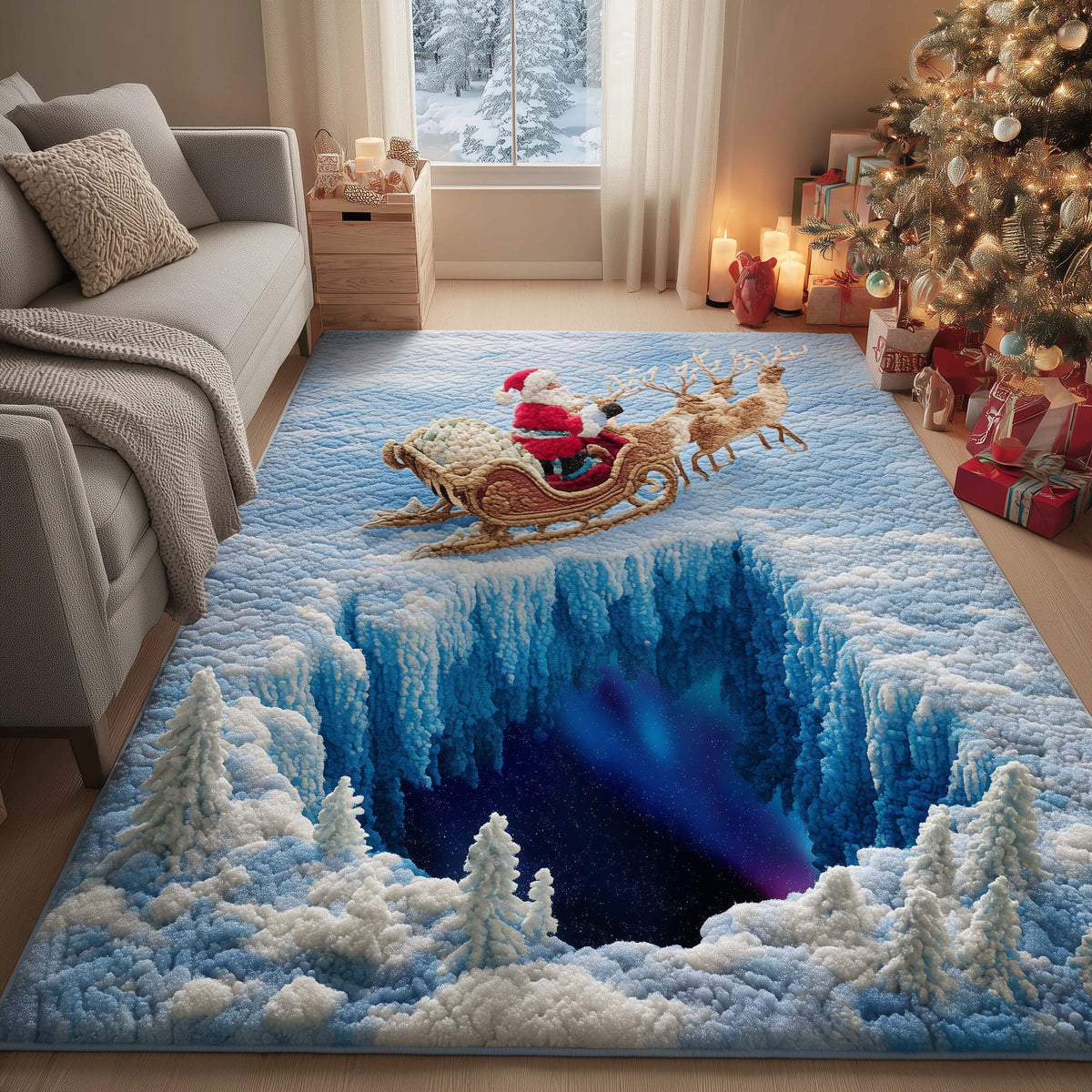 Arctic Santa Journey area rug in a living room