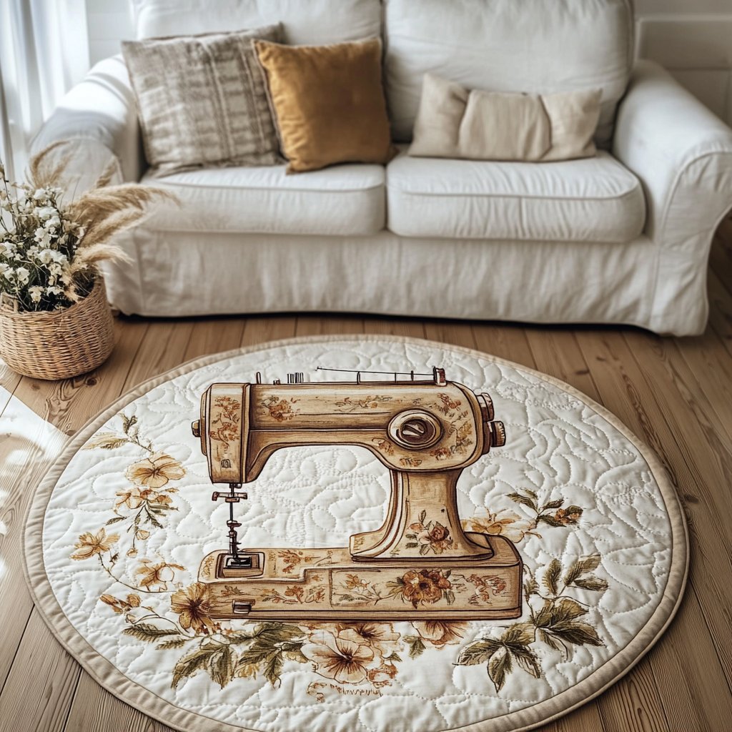 Artistic Sewing Machine Round Mat Rug - washable non-slip printed rug