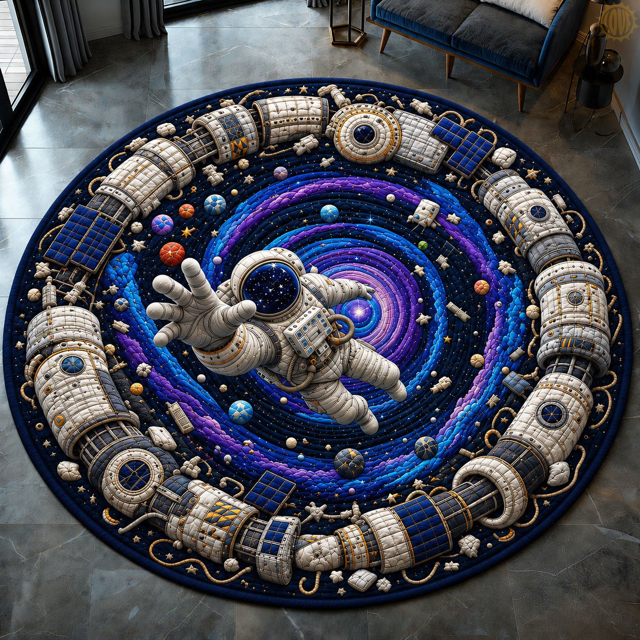 Astronaut Floating Beyond The Space Station Round Mat Rug - Nature Design | Serene Home Decor