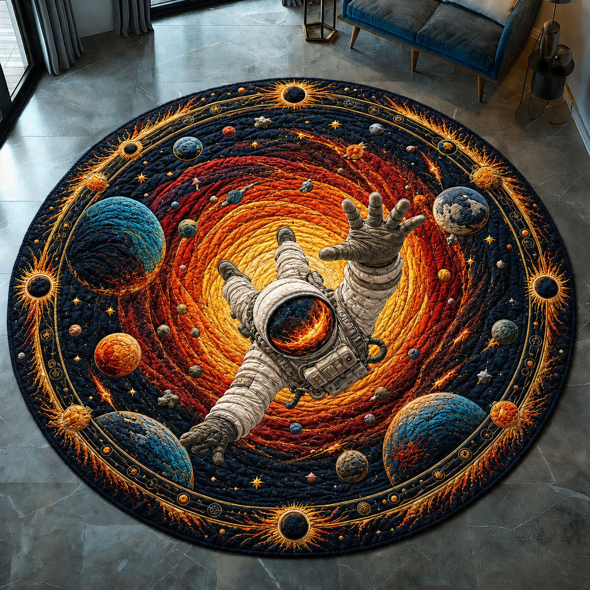 Astronaut Reaching Through The Solar Rift Round Mat Rug - washable non-slip printed rug