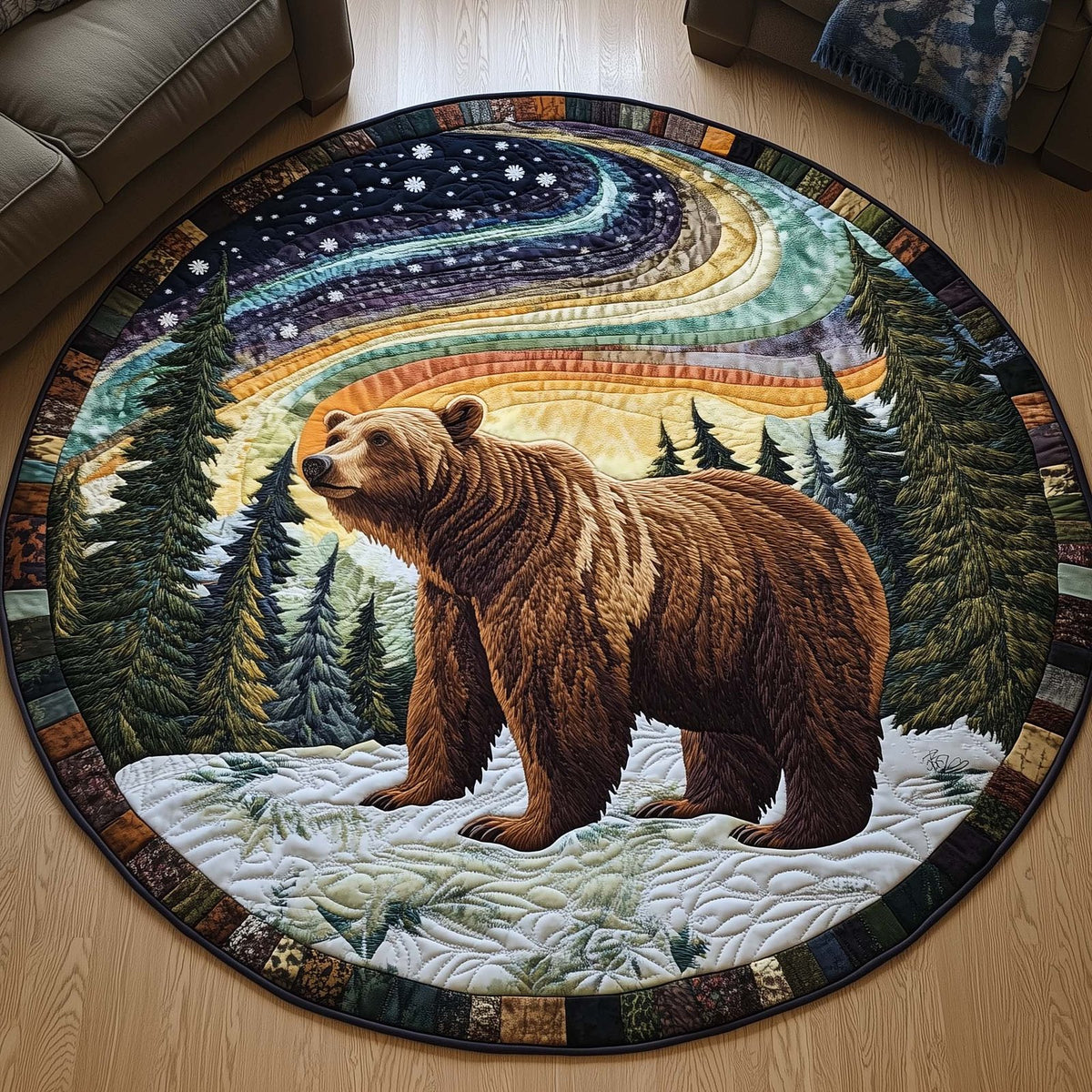 Aurora Bear Round Mat Rug - washable non-slip printed rug