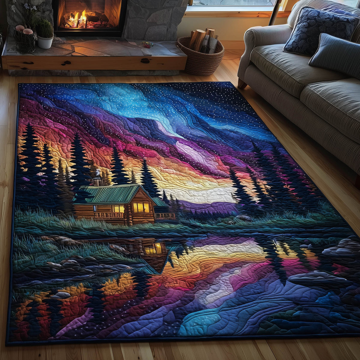 Aurora Borealis area rug in a living room