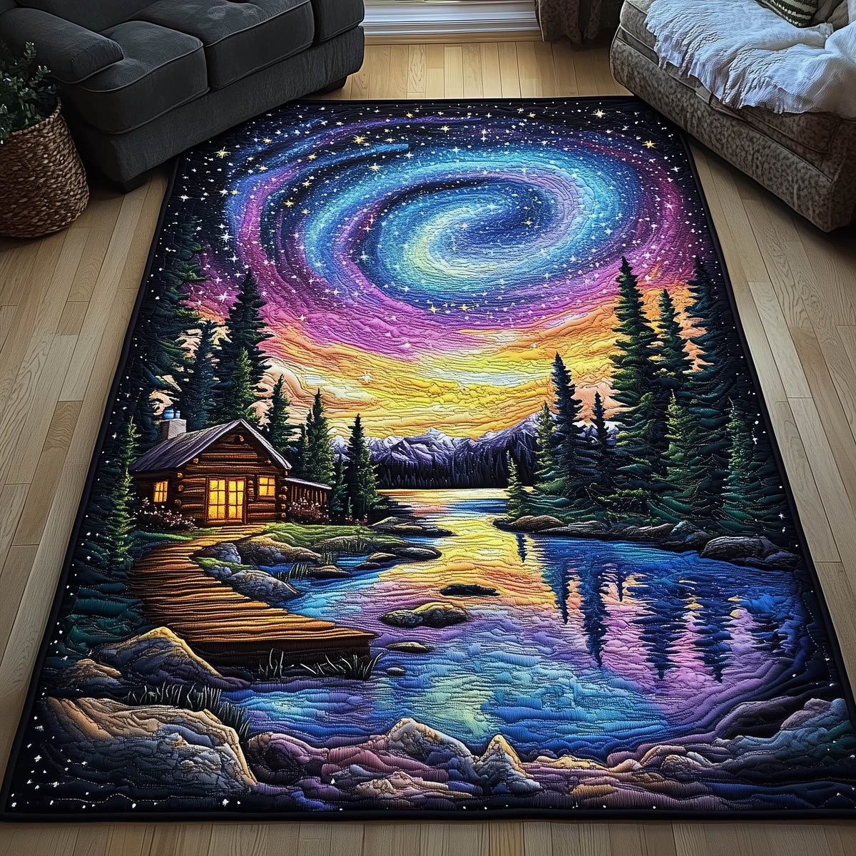 Aurora Borealis area rug in a living room