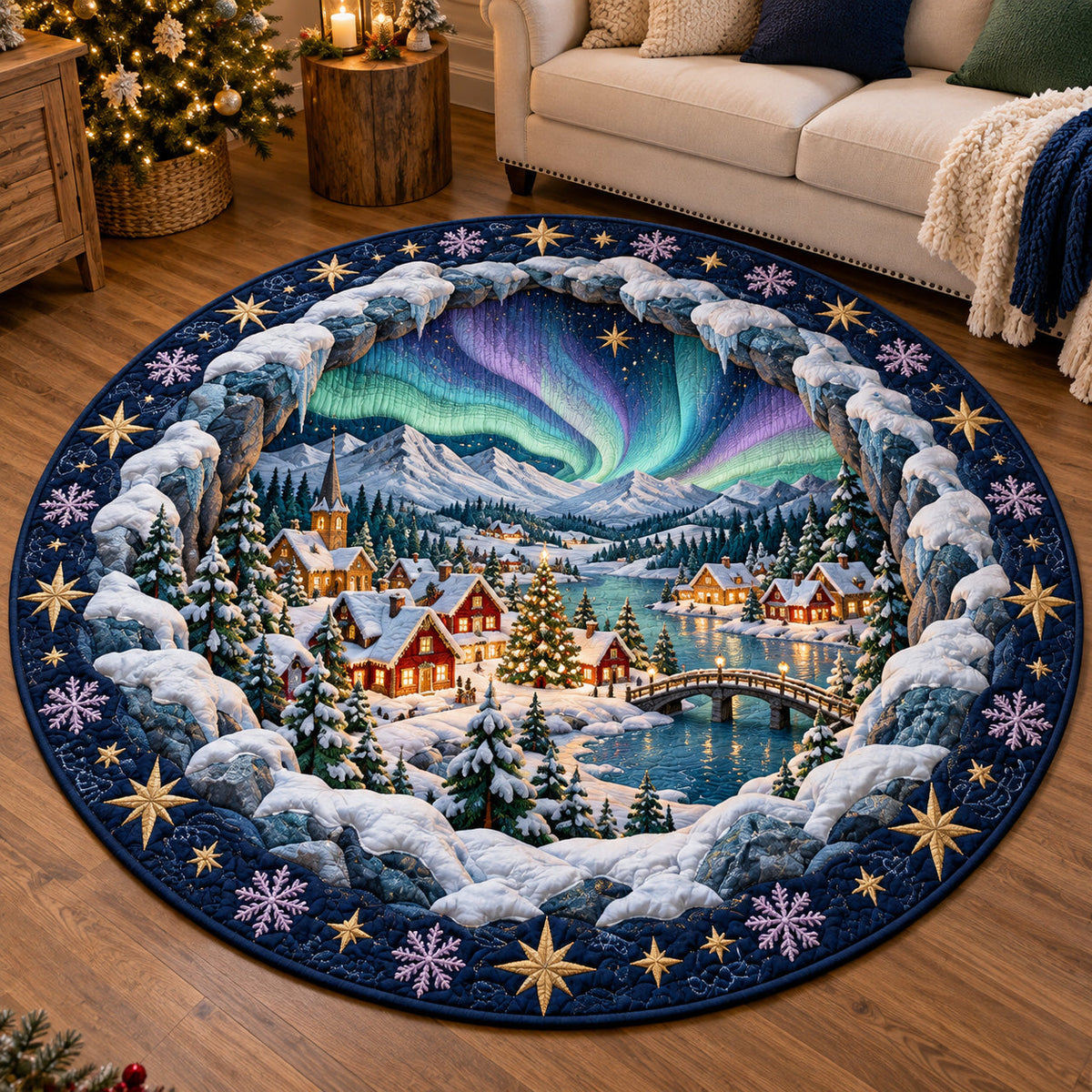 Aurora Christmas Village Round Mat Rug - Seasonal Design | Festive Home Decor - washable non-slip printed rug