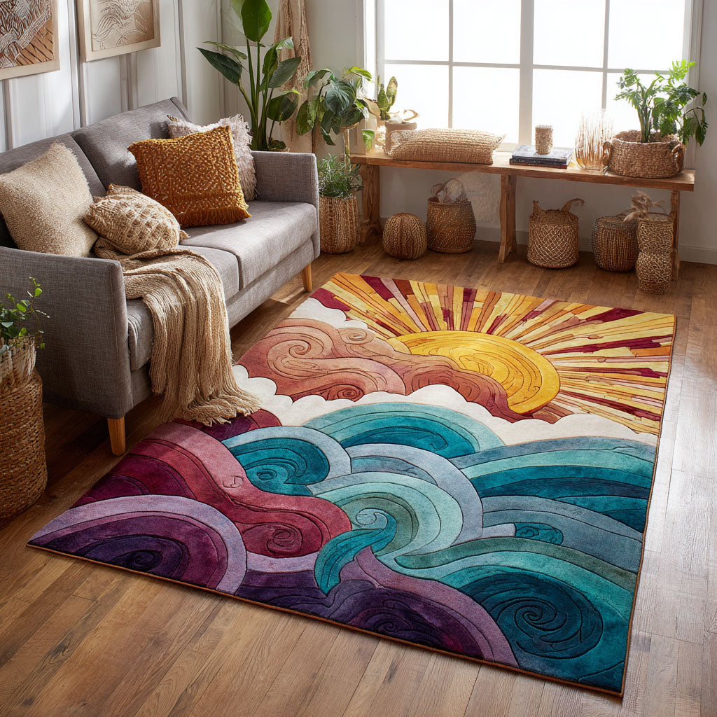 Aurora Dawn area rug in a living room