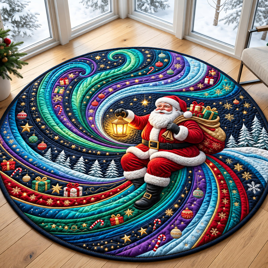 Aurora Santa Round Mat Rug - Seasonal Design | Festive Home Decor - washable non-slip printed rug