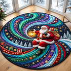 Aurora Santa Round Mat Rug - Seasonal Design | Festive Home Decor - washable non-slip printed rug
