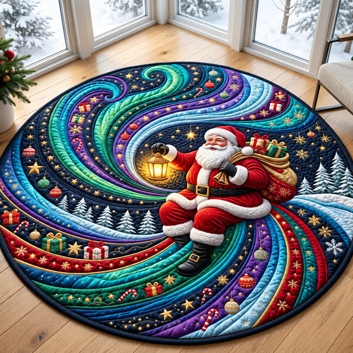 Aurora Santa Round Mat Rug - Seasonal Design | Festive Home Decor - washable non-slip printed rug