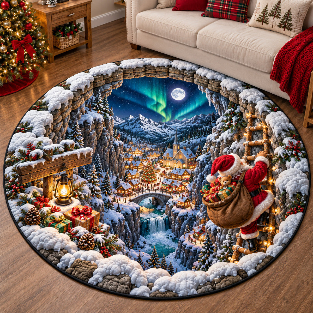 Aurora Santa Village Round Mat Rug - Seasonal Design | Festive Home Decor - washable non-slip printed rug