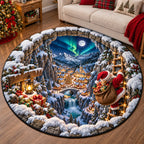Aurora Santa Village Round Mat Rug - Seasonal Design | Festive Home Decor - washable non-slip printed rug