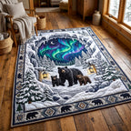 Aurora Snow Rustic Bear area rug in a living room