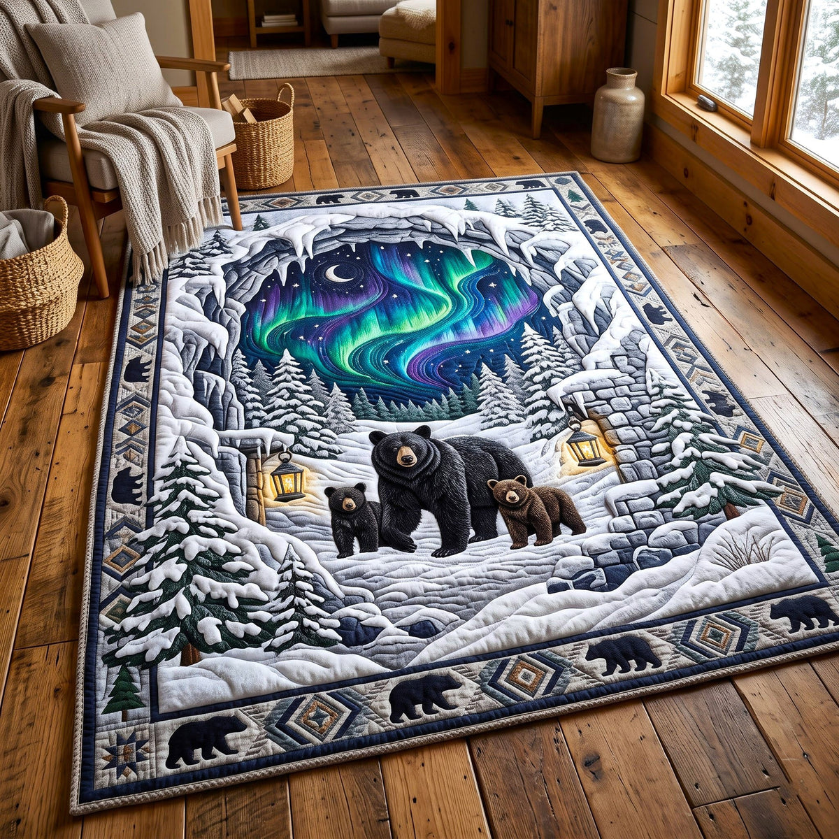 Aurora Snow Rustic Bear area rug in a living room