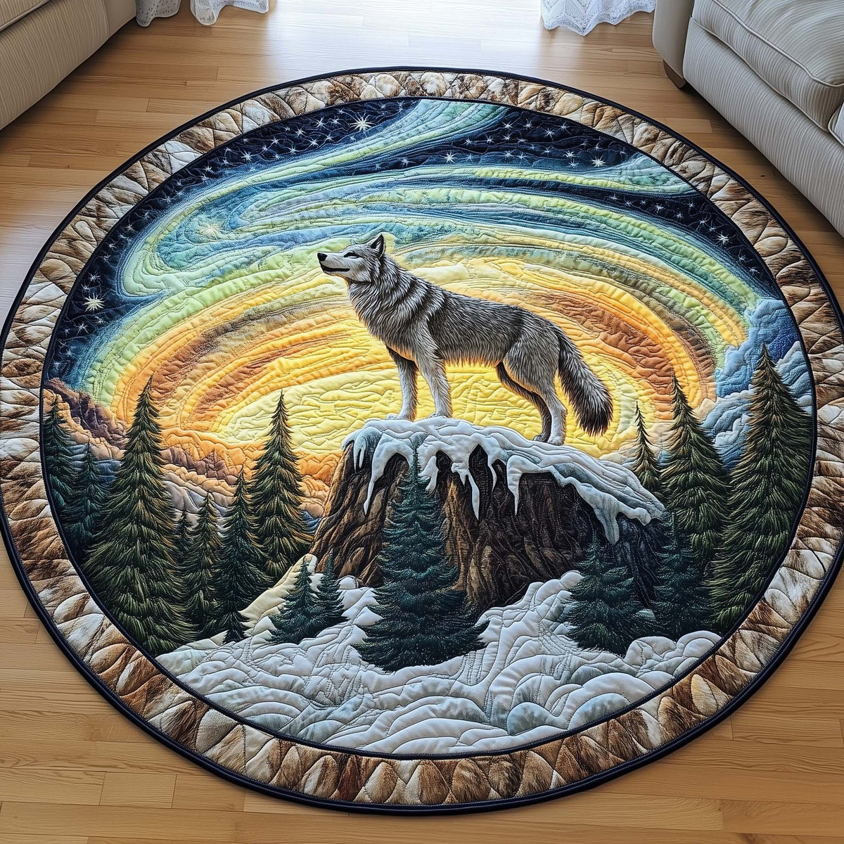 Aurora Wolf Round Mat Rug - washable non-slip printed rug
