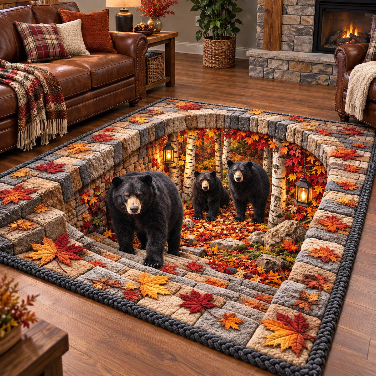 Autumn Bear Haven area rug in a living room