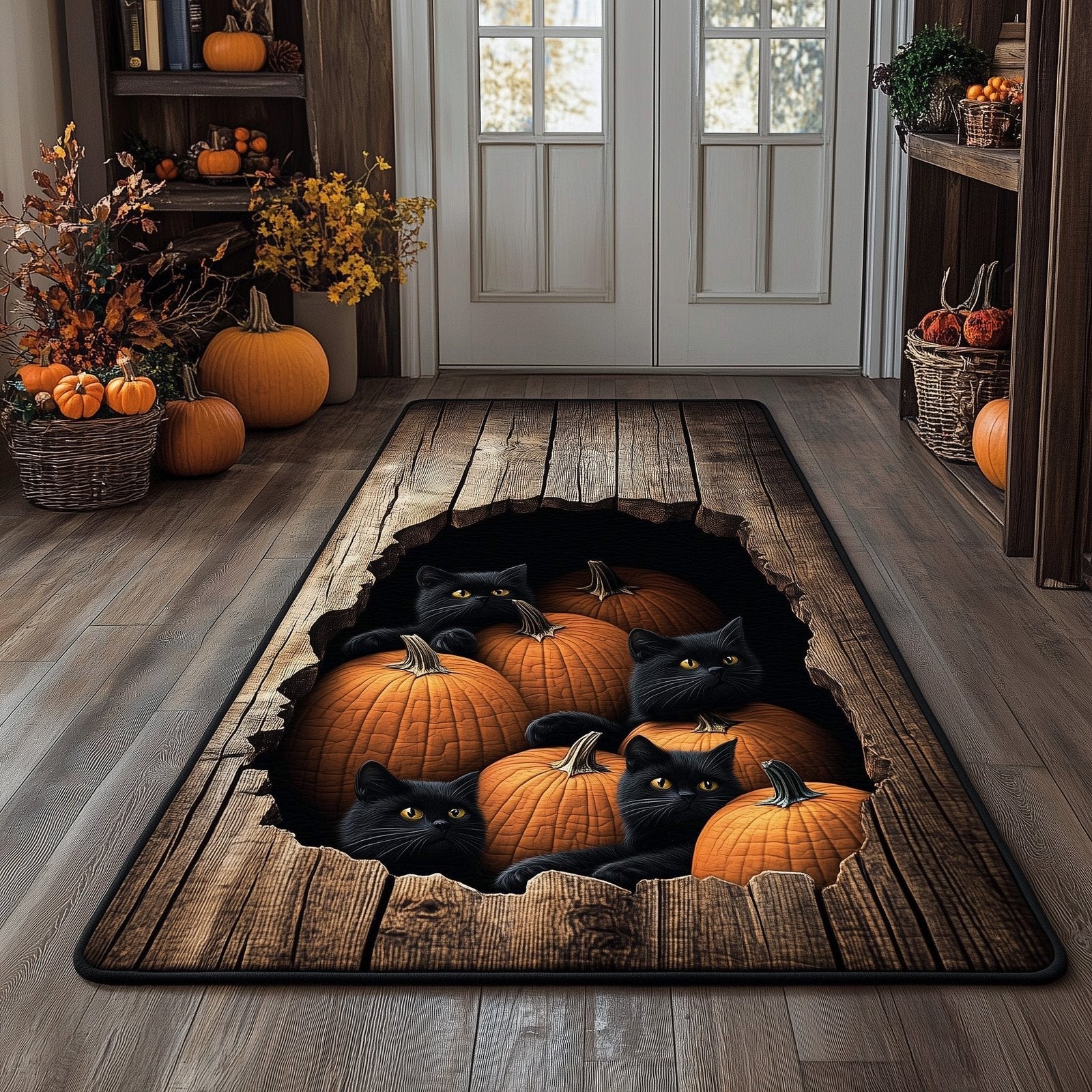 Autumn Black Cat Runner Rug - Cute Pet Design | Animal Printed Runner Rug