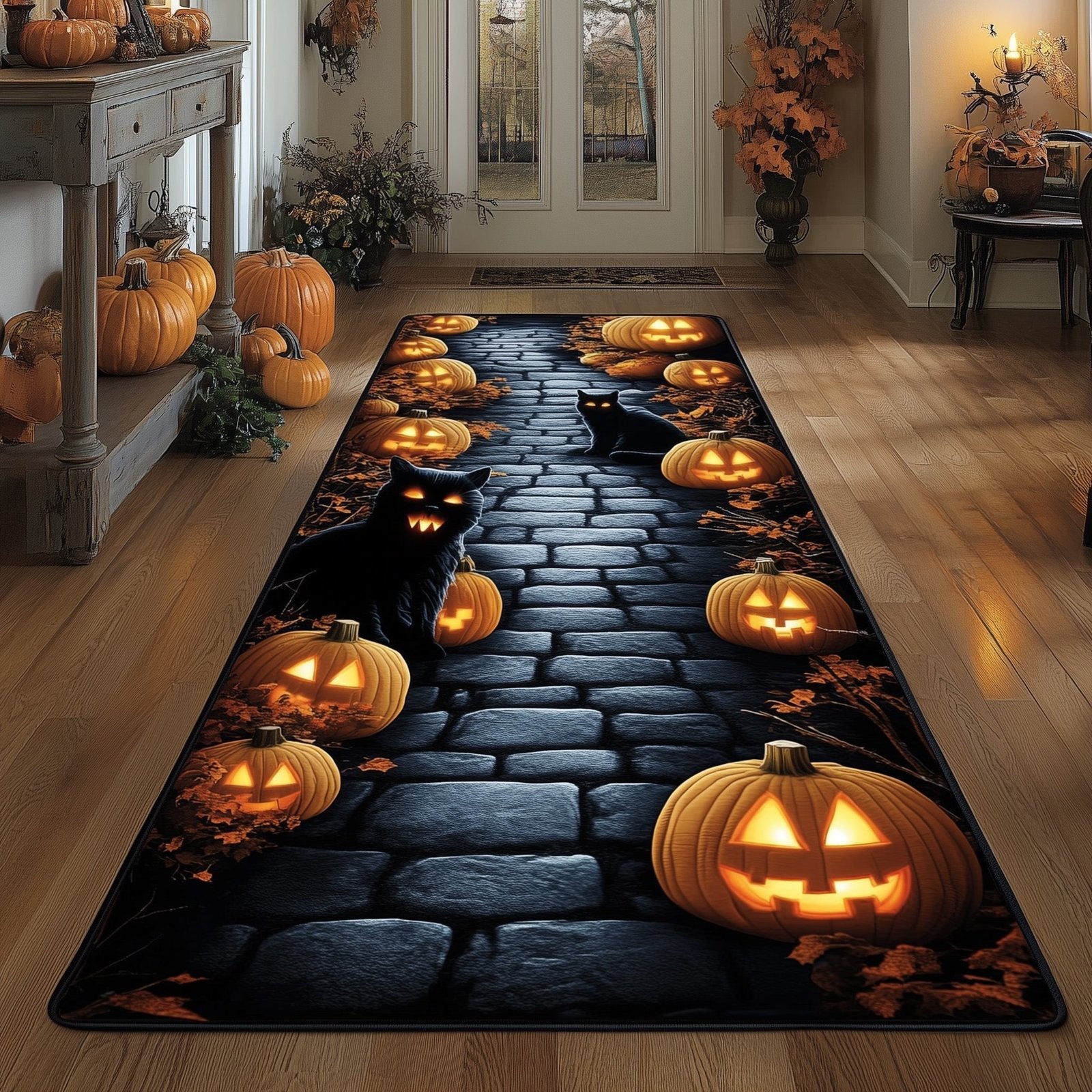 Autumn Black Cat Runner Rug - Cute Pet Design | Animal Printed Runner Rug