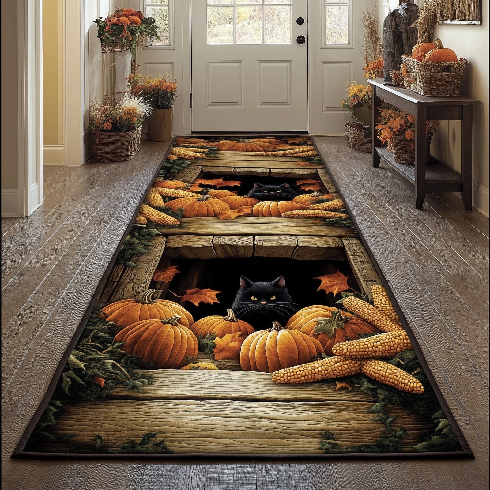 Autumn Black Cat Runner Rug - Cute Pet Design | Animal Printed Runner Rug