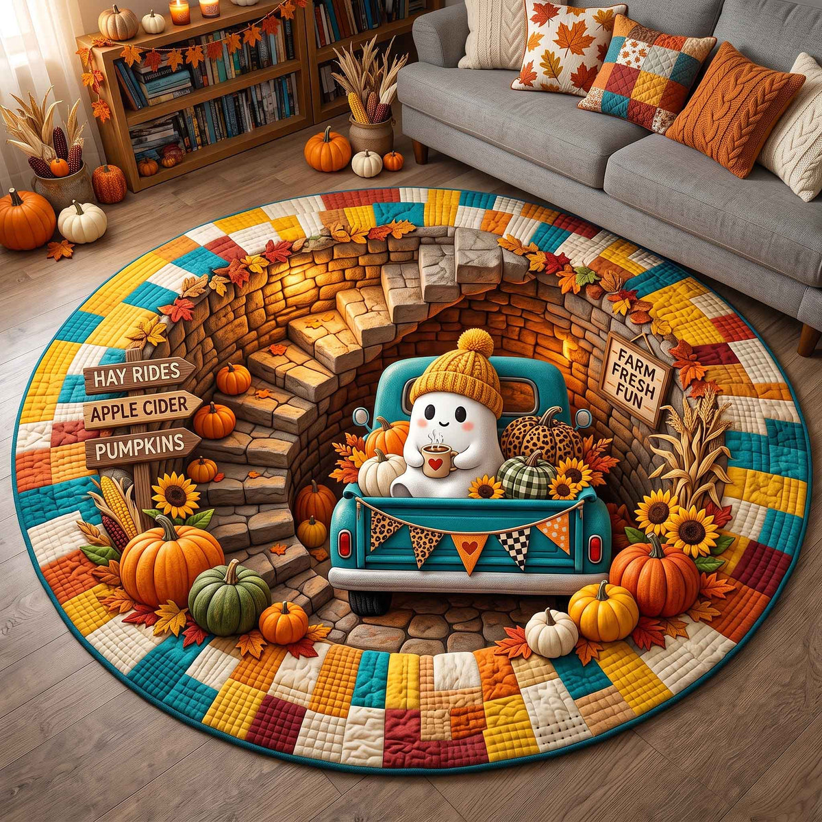 Autumn Boos Round Mat Rug - Nature Design | Nature Round Carpet - washable non-slip printed rug
