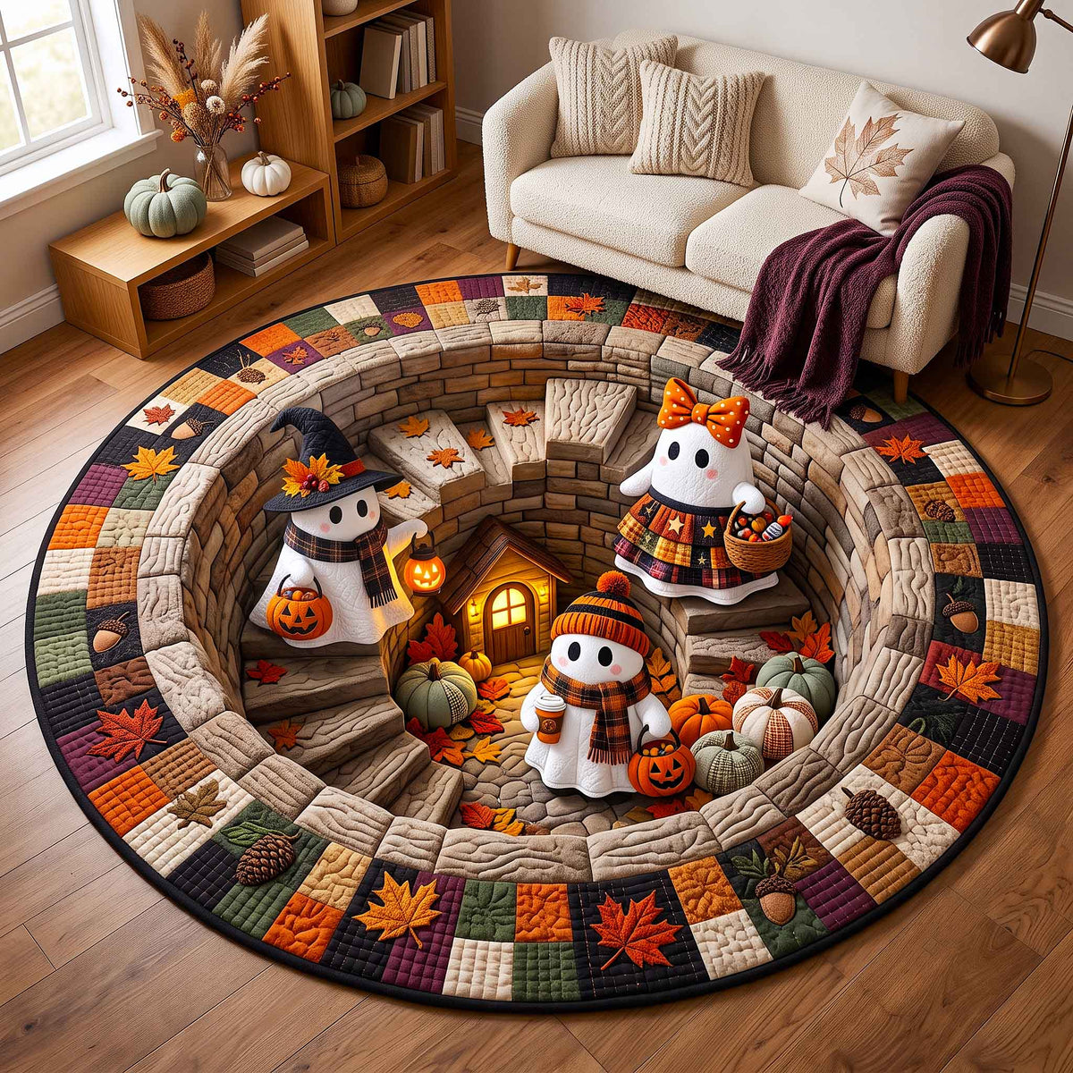 Autumn Boos Round Mat Rug - Nature Design | Nature Round Living Room Rug - washable non-slip printed rug