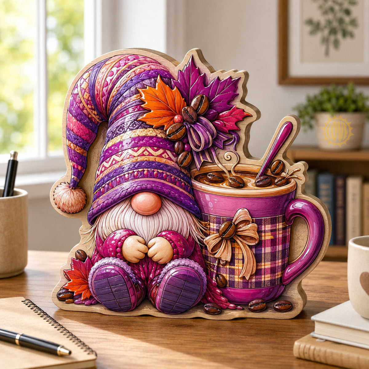 Autumn Coffee Gnome wooden block, laser-cut 3-layer wood