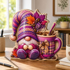 Autumn Coffee Gnome wooden block, laser-cut 3-layer wood
