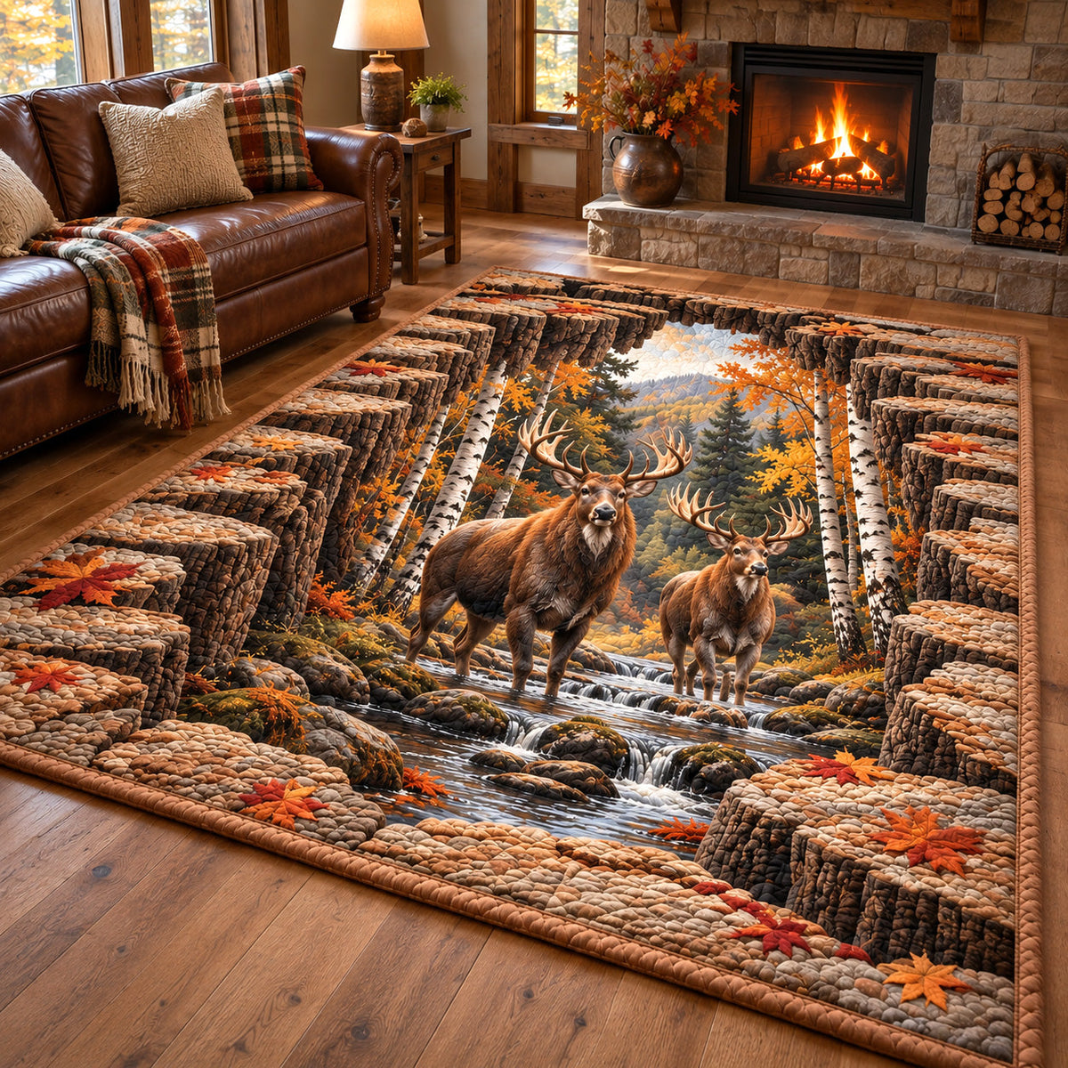 Autumn Deer area rug in a living room