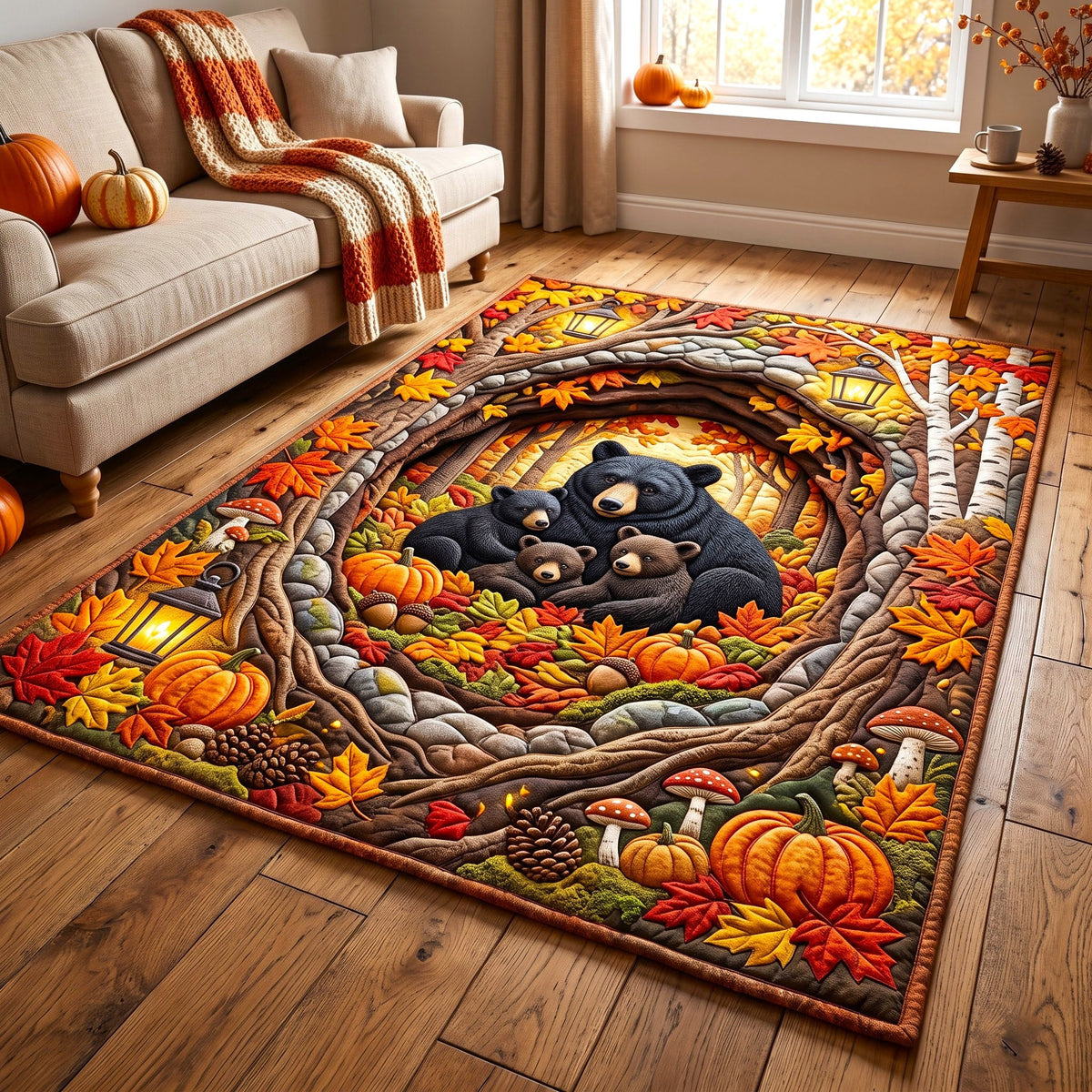 Autumn Den Rustic Bear area rug in a living room
