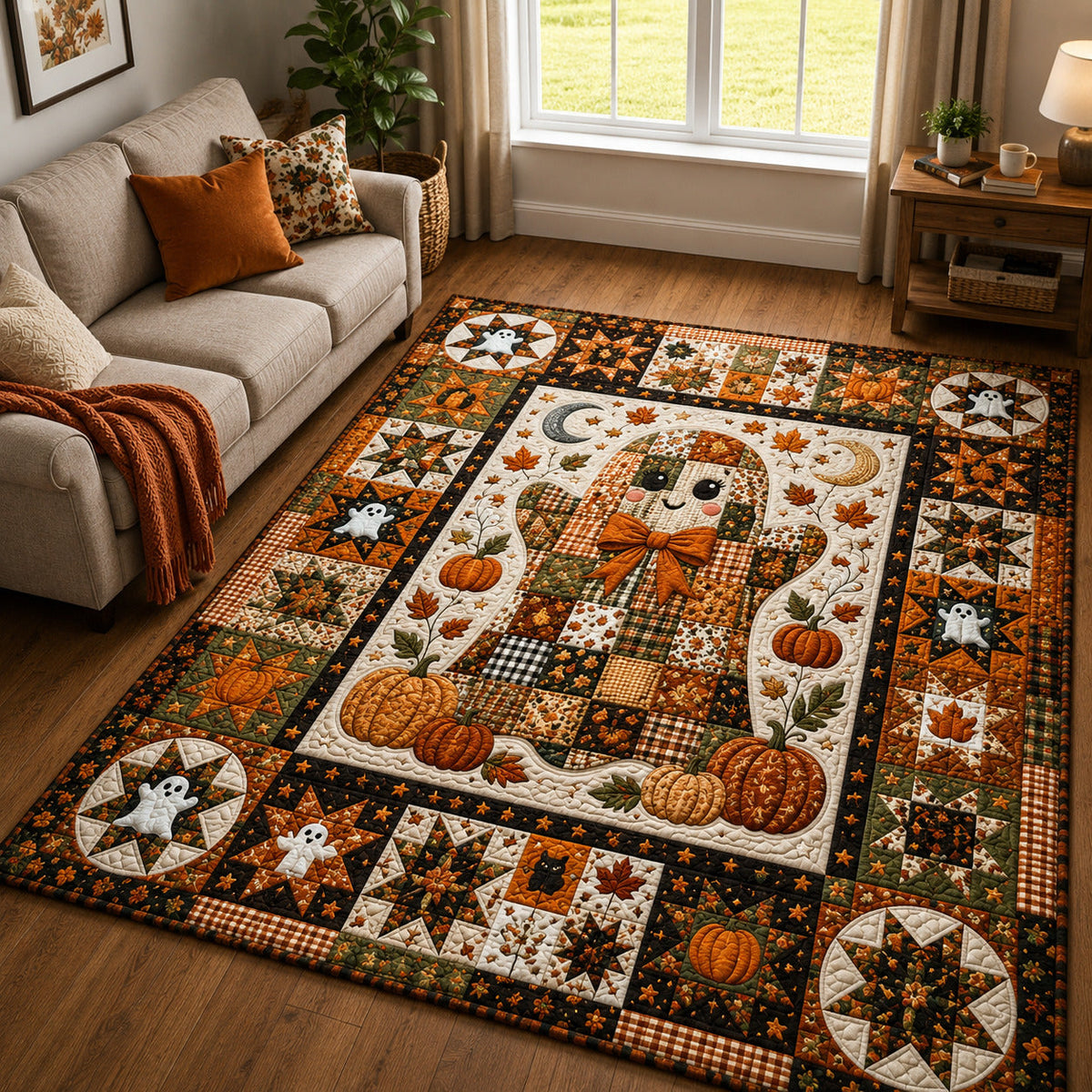 Autumn Ghost Patchwork area rug in a living room