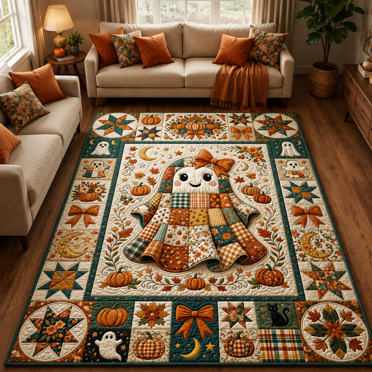Autumn Ghost Patchwork area rug in a living room