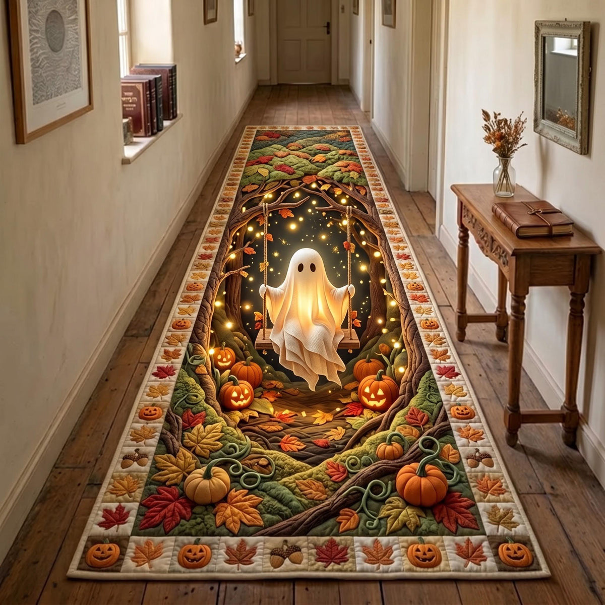 Autumn Ghost Runner Rug - Seasonal Design | Festive Runner Rug - washable non-slip printed rug