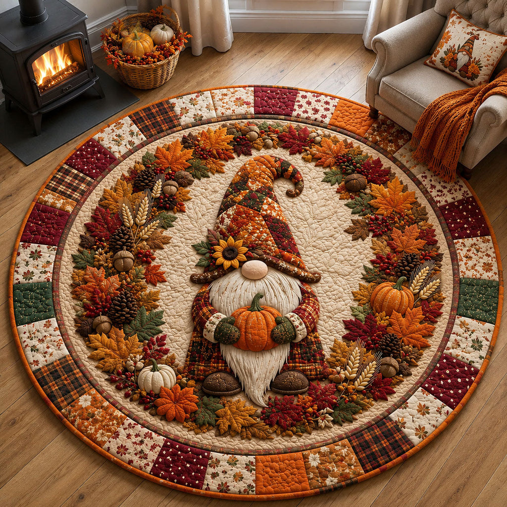 Autumn Gnome Harvest Round Mat Rug - Nature Design | Serene Home Decor - washable non-slip printed rug