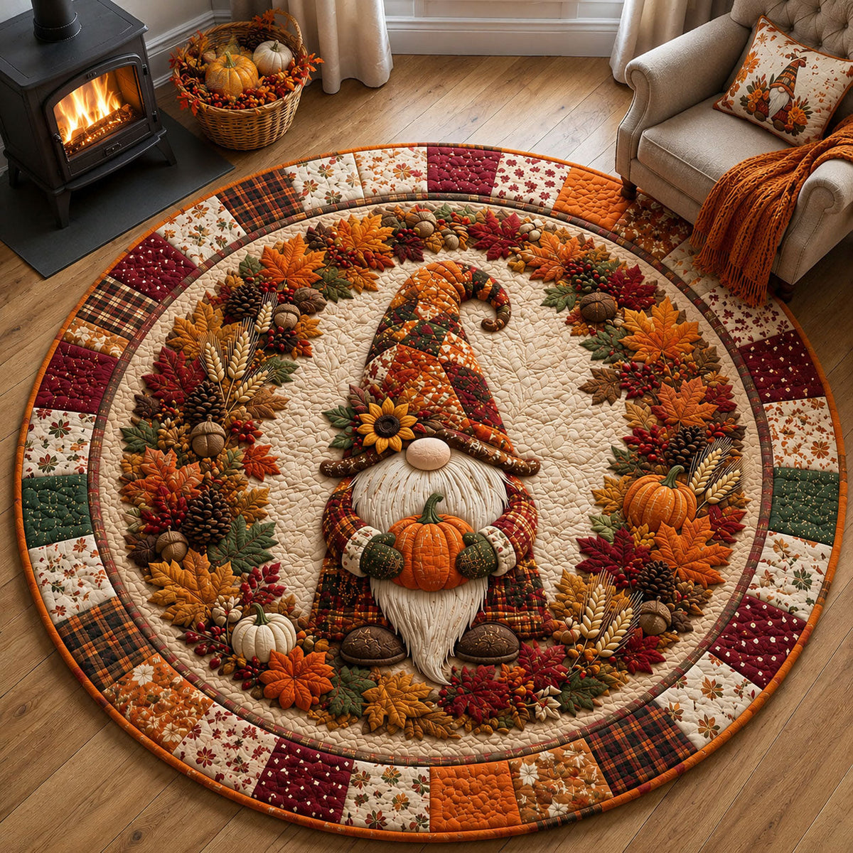 Autumn Gnome Harvest Round Mat Rug - Nature Design | Serene Home Decor - washable non-slip printed rug