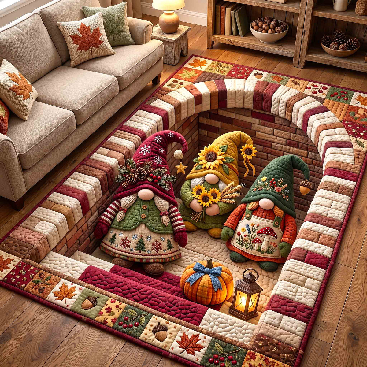 Autumn Gnome Trio area rug in a living room