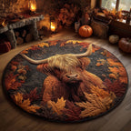 Autumn Highland Cow Round Mat Rug - washable non-slip printed rug