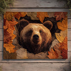 Autumn Leaf Hollow Bear Doormat - Cute Animal Design | Printed Welcome Doormat