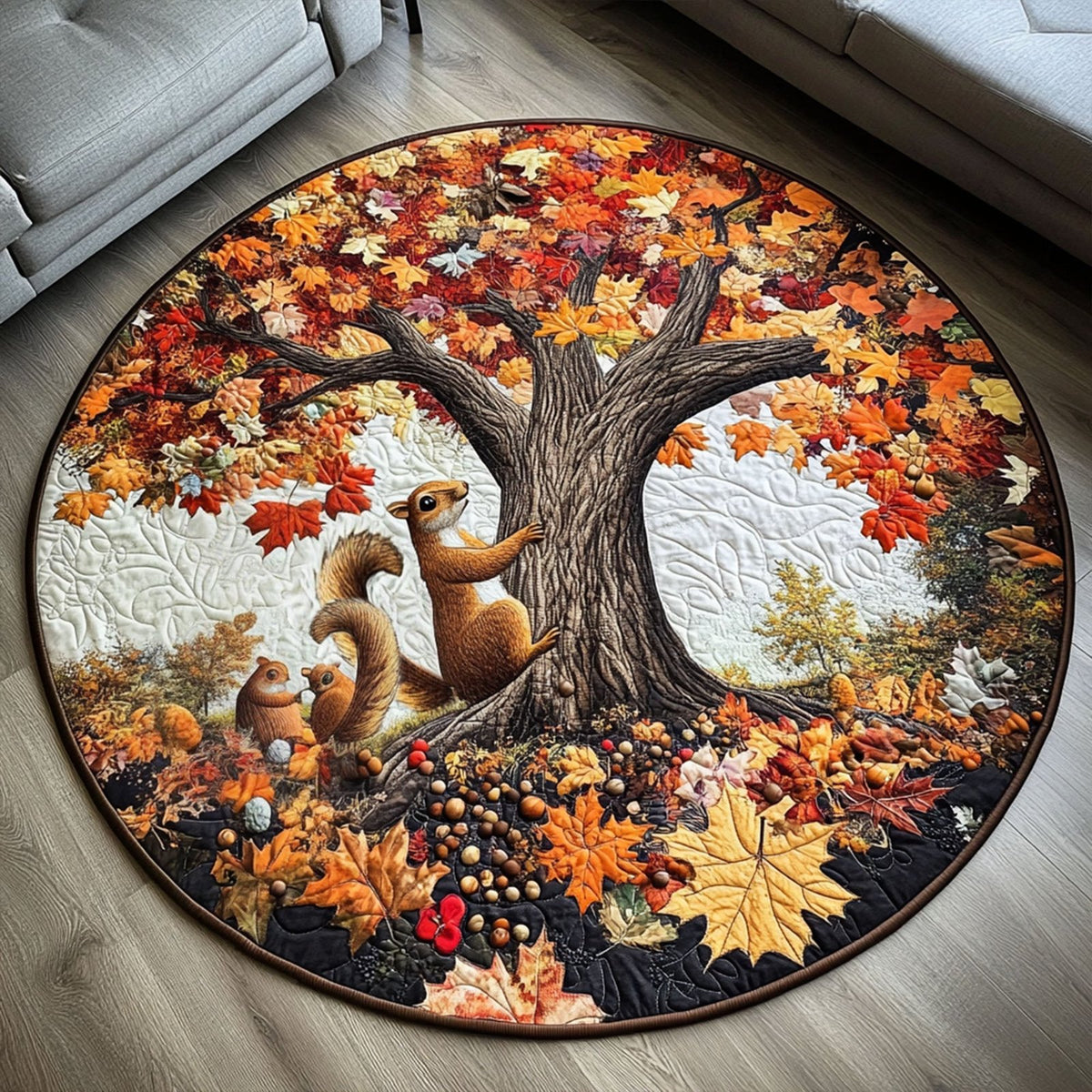 Autumn Nut Hunt Round Mat Rug - washable non-slip printed rug