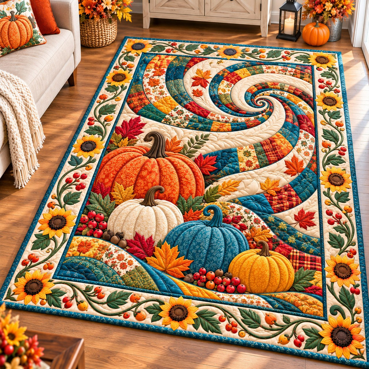 Autumn Pumpkin Blessings area rug in a living room