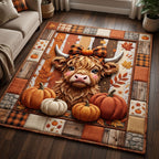 Autumn Pumpkin Highland Cow area rug in a living room