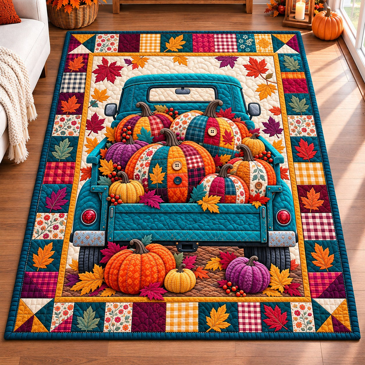 Autumn Pumpkin Magic area rug in a living room